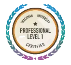 A circular certificate-style badge with the text 'TRAKRAM UNIVERSITY', 'PROFESSIONAL LEVEL 1', and 'CERTIFIED' in blue and purple lettering, surrounded by a blue and purple laurel wreath on a warm beige background.
