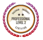 A circular certificate-style badge reading 'Tasmanian University Professional Level 2 Certified' with a purple laurel wreath and gold border on a beige background.